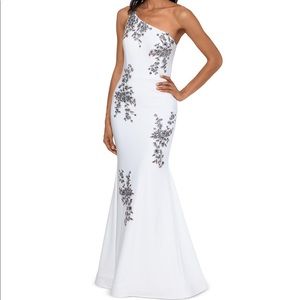 evening dress, one shoulder. New, with tag. Color beige